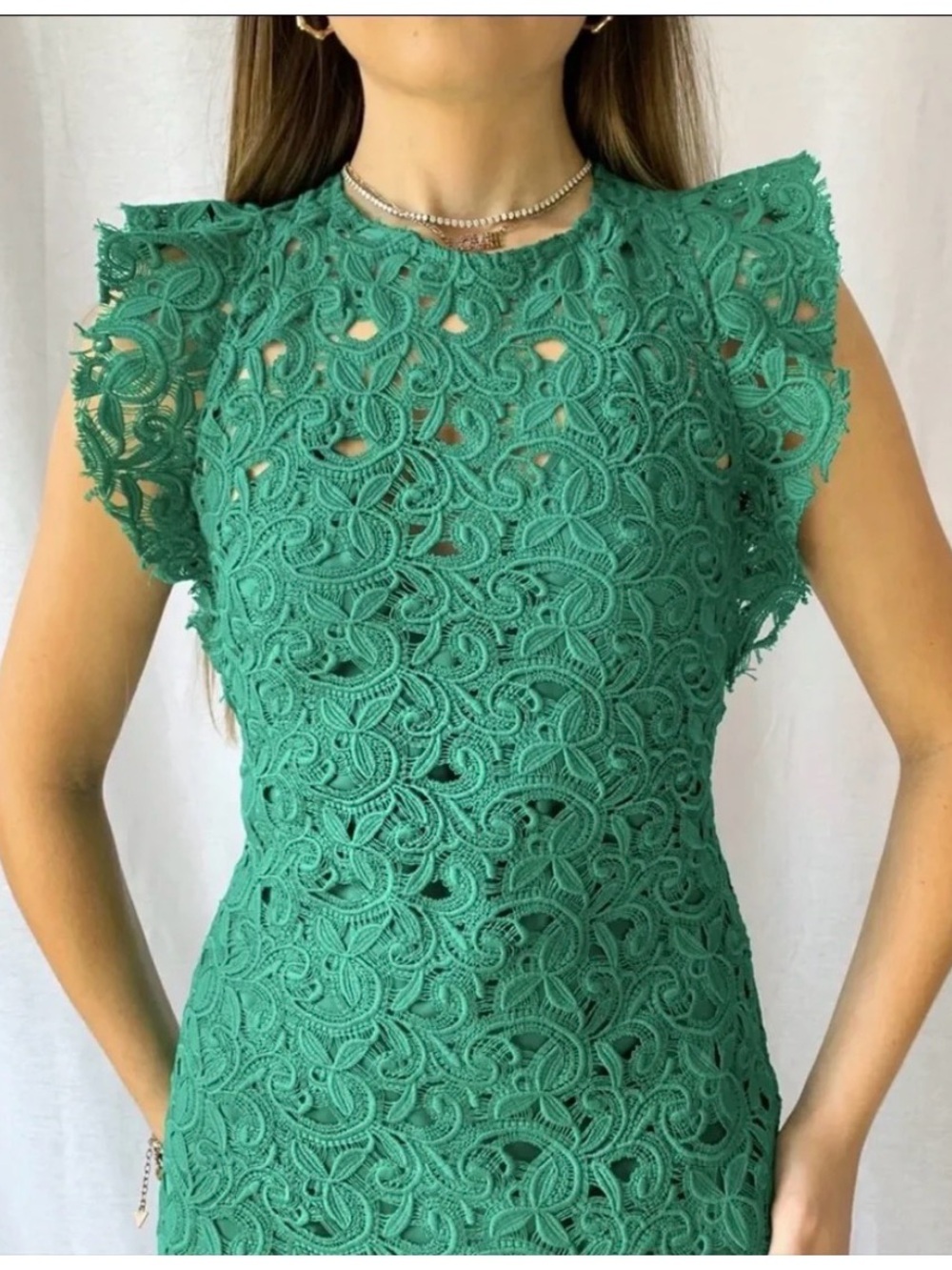Zara green guipure lace tube dress with ruffled cap sleeves & back cutout detail